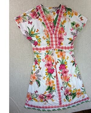 Hale Bob Women M White Pink Floral Butterfly Summer Cottagecore Knee Dress